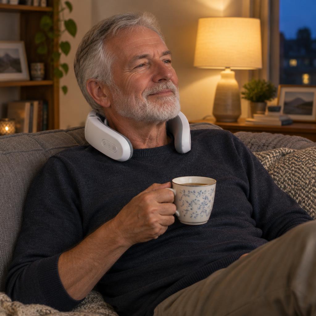 Man relaxing on the sofa wearing the Relaxnecker neck massager