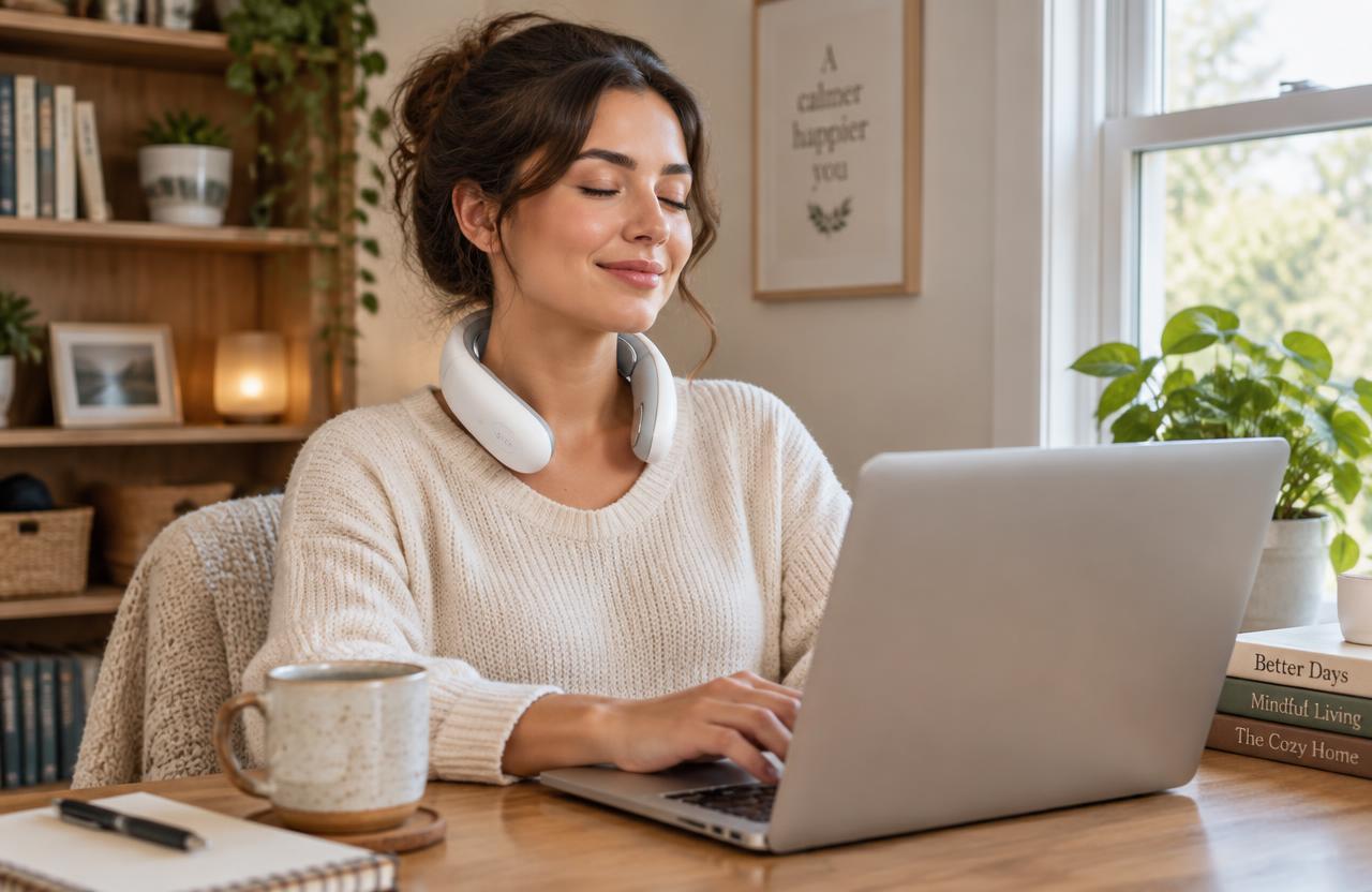 Woman wearing the Relaxnecker Neck Massager while working on a laptop